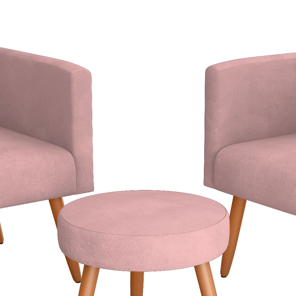 Conjunto com 2 Poltronas e 1 Puff Dallas Veludo Rosa
