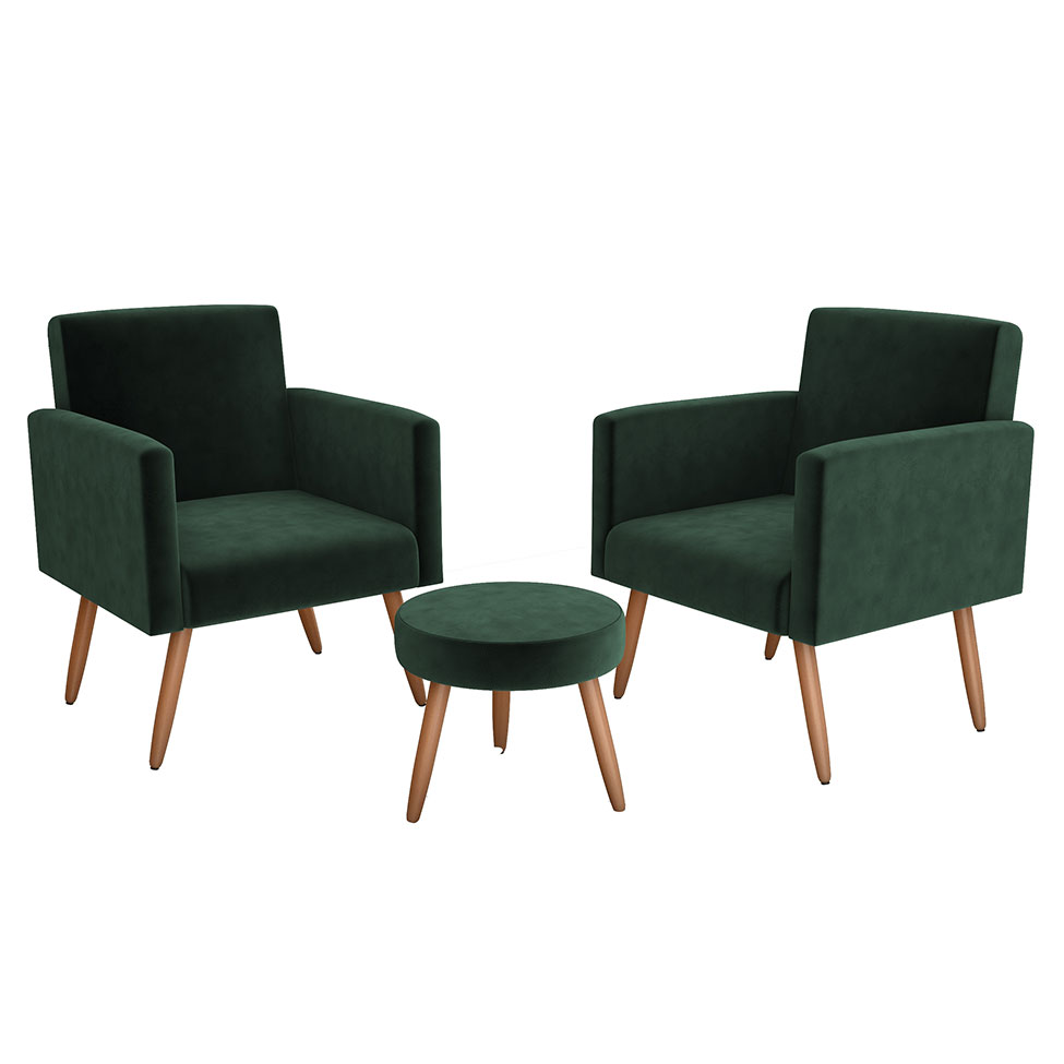 Conjunto com 2 Poltronas e 1 Puff Dallas Veludo Verde