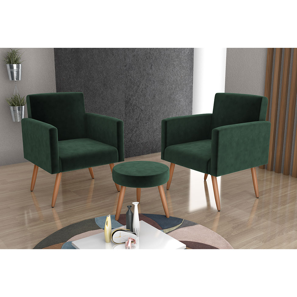 Conjunto com 2 Poltronas e 1 Puff Dallas Veludo Verde