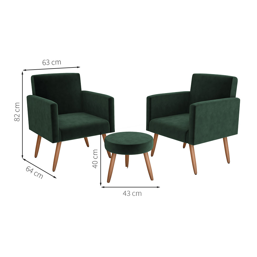 Conjunto com 2 Poltronas e 1 Puff Dallas Veludo Verde