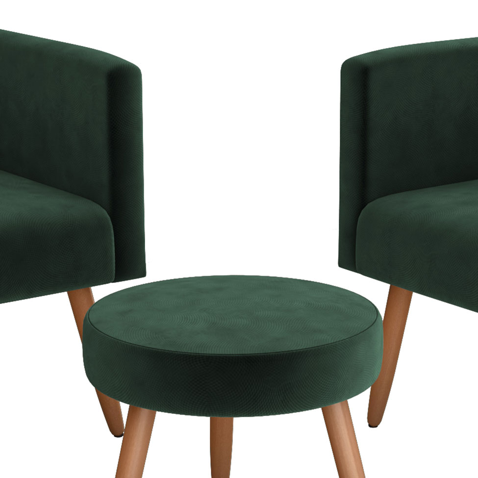 Conjunto com 2 Poltronas e 1 Puff Dallas Veludo Verde