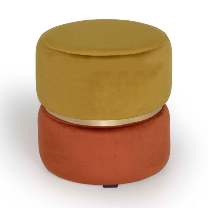 Conjunto com 2 Puffs Round Rainbown Veludo Ouro e Laranja