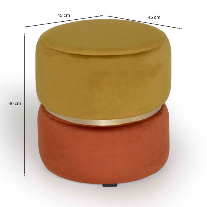 Conjunto com 2 Puffs Round Rainbown Veludo Ouro e Laranja