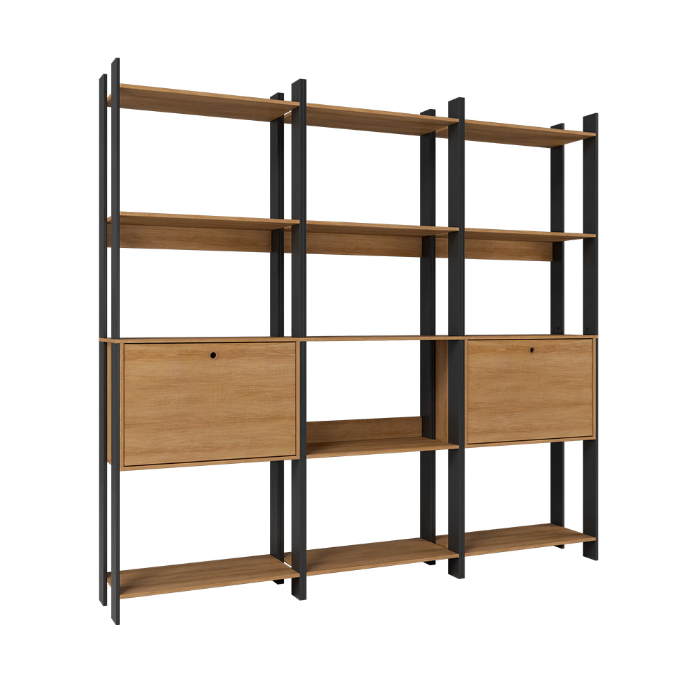 Conjunto com 3 Estantes Elara 2 Portas Mel e Preto