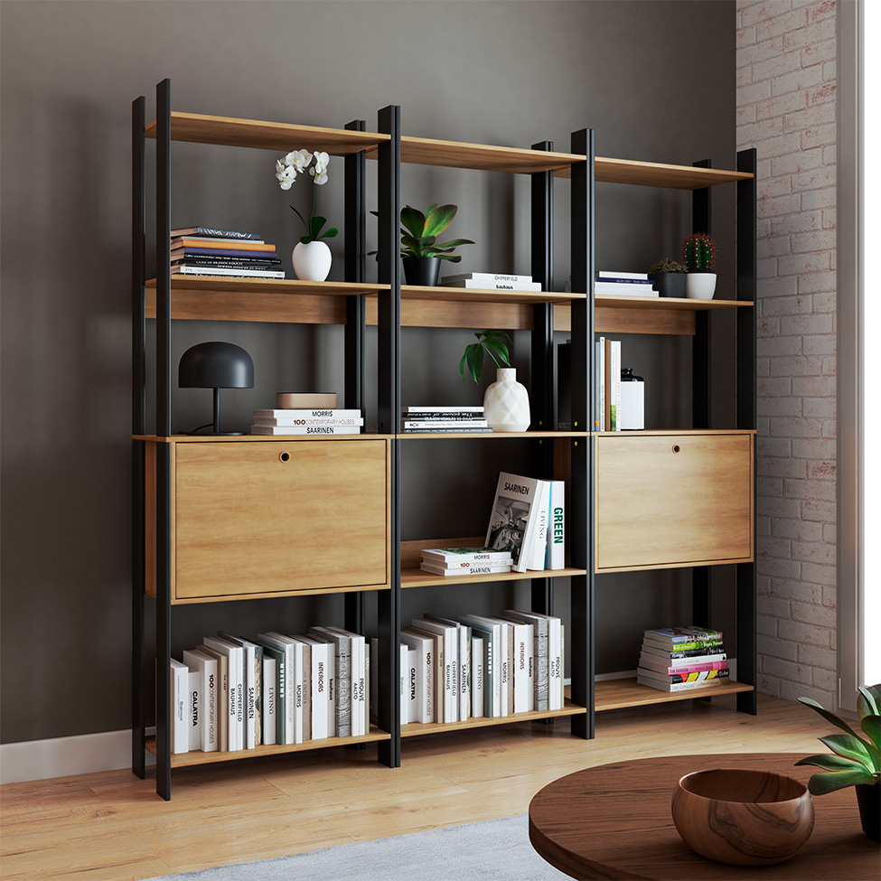 Conjunto com 3 Estantes Elara 2 Portas Mel e Preto