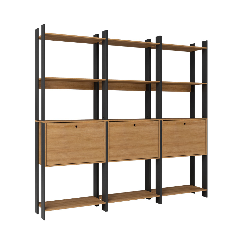 Conjunto com 3 Estantes Elara 3 Portas Mel e Preto