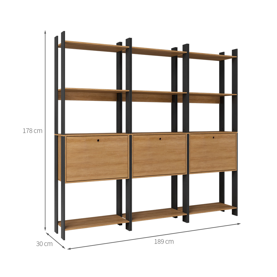 Conjunto com 3 Estantes Elara 3 Portas Mel e Preto