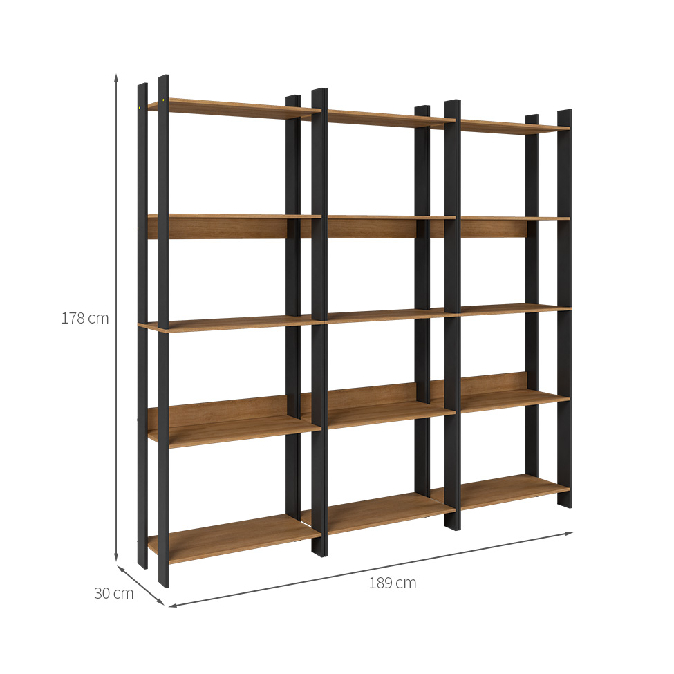 Conjunto com 3 Estantes Elara Mel e Preto