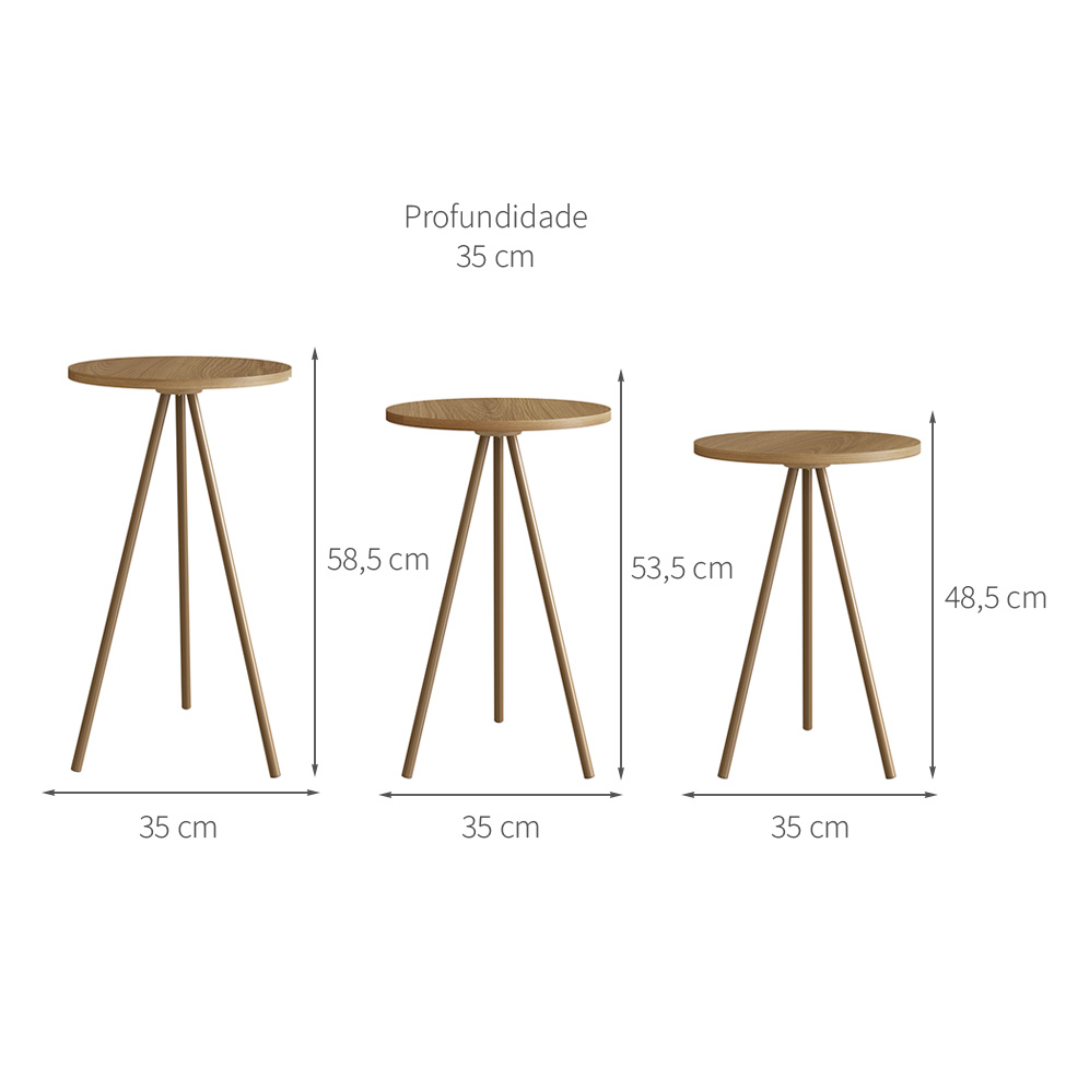 Conjunto com 3 Mesas Laterais Neão Hanover e Dourado