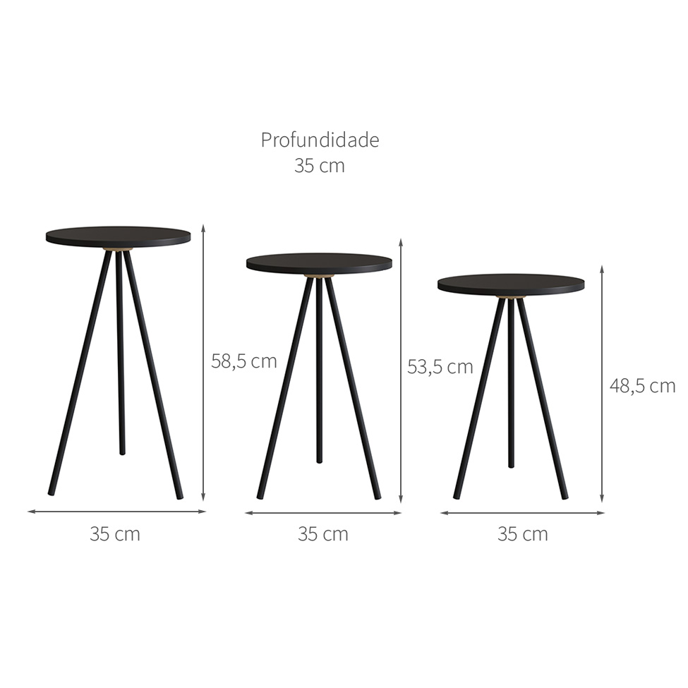 Conjunto com 3 Mesas Laterais Neão Preto