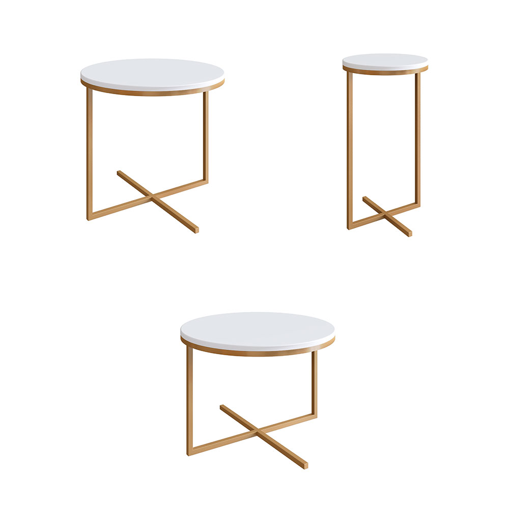 Conjunto com 3 Mesas Redondas Volpi Branco e Dourado