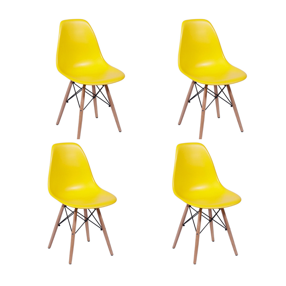 Conjunto com 4 Cadeiras DKR Eames Amarelo e Madeira