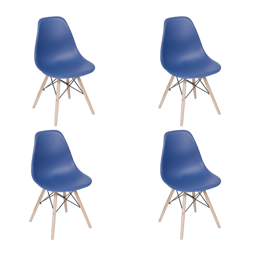 Conjunto com 4 Cadeiras DKR Eames Azul Marinho e Madeira
