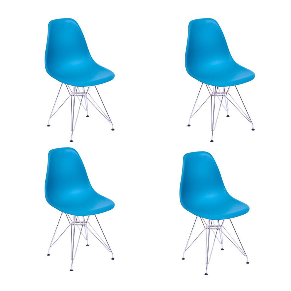 Conjunto com 4 Cadeiras DKR Eames Azul Petróleo e Cromado