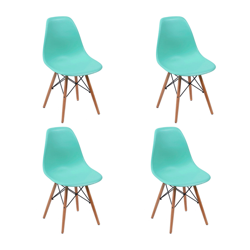 Conjunto com 4 Cadeiras DKR Eames Turquesa e Madeira