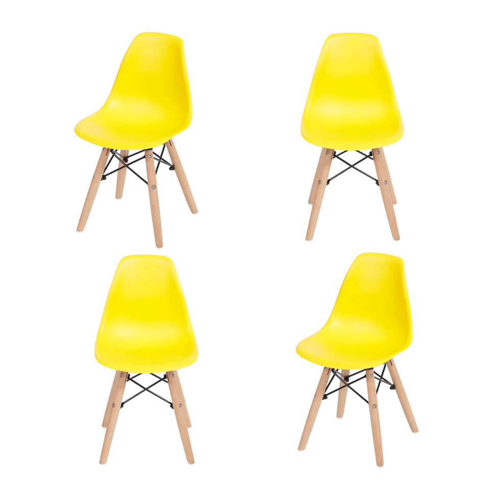 Conjunto com 4 Cadeiras Infantis DKR Eames Amarelo e Madeira