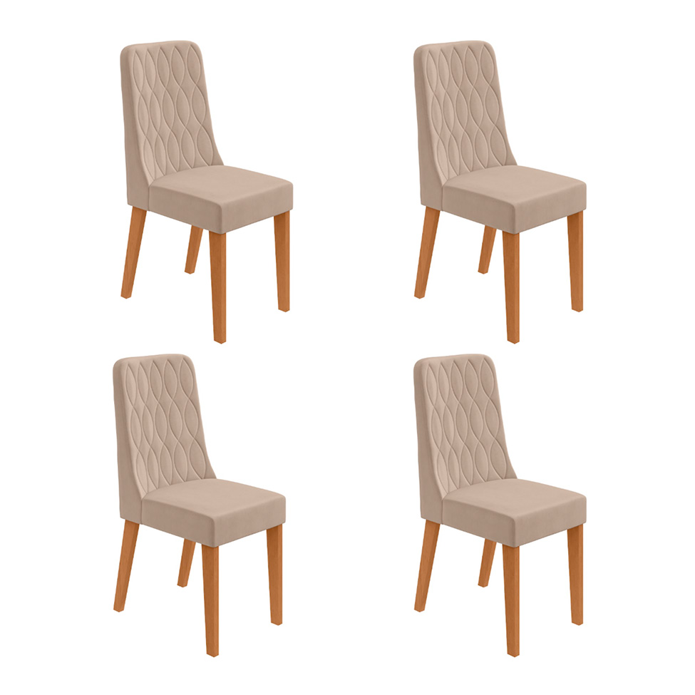 Conjunto com 4 Cadeiras Luar Veludo Creme e Amêndoa