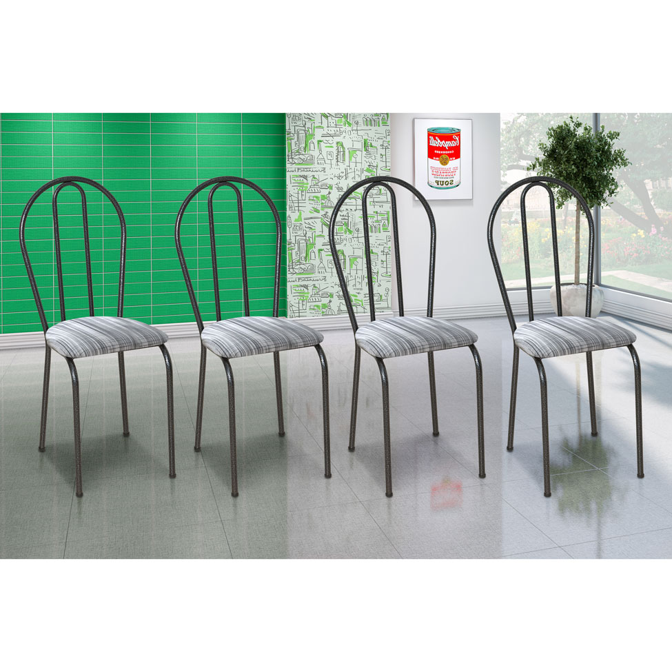 Conjunto com 4 Cadeiras Madryn Cinza Listrado e Preto