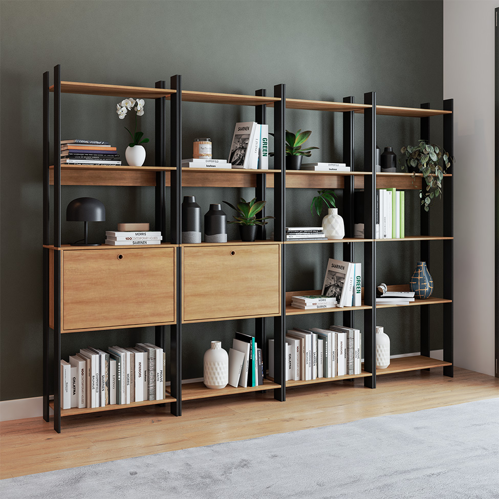 Conjunto com 4 Estantes Elara 2 Portas Mel e Preto