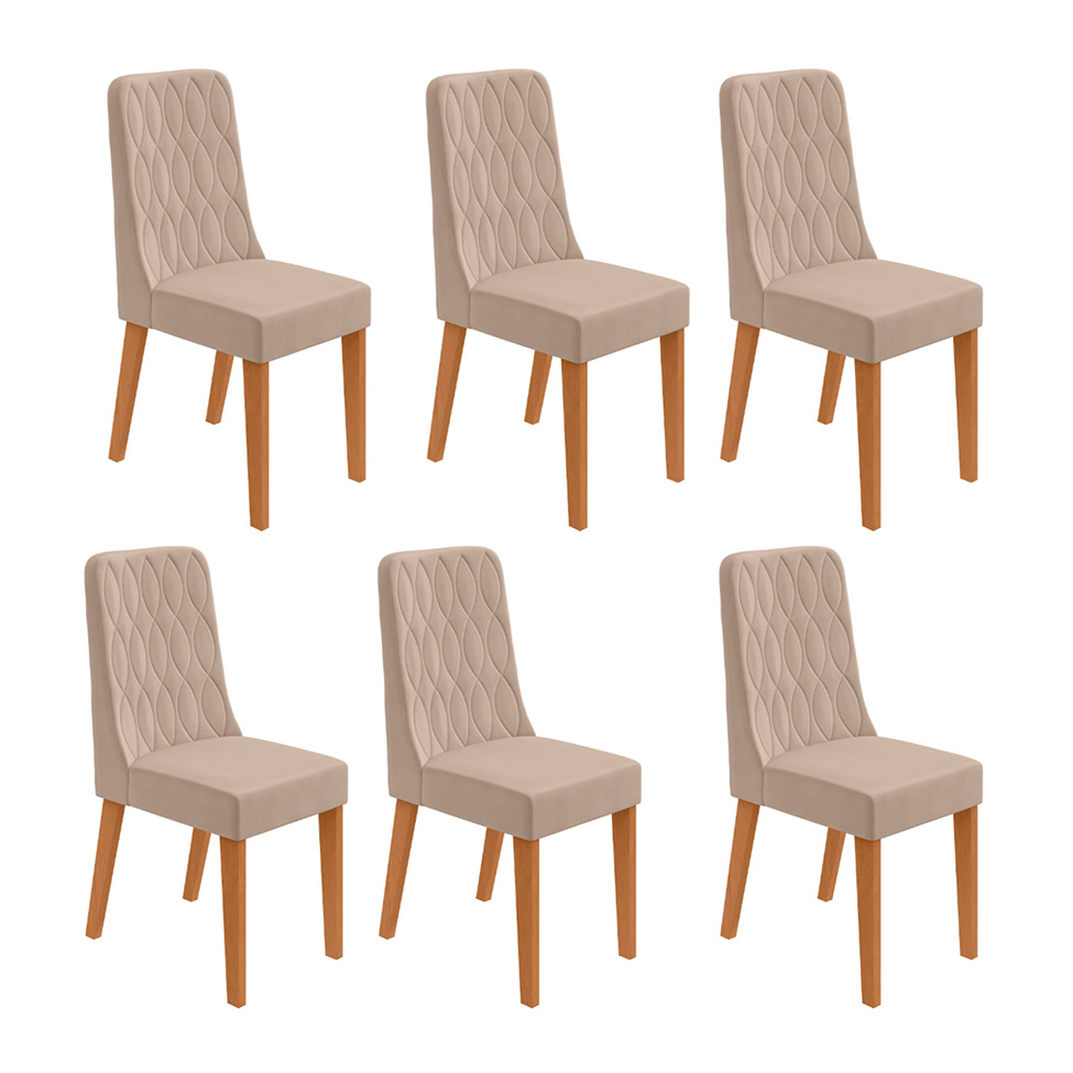 Conjunto com 6 Cadeiras Luar Veludo Creme e Amêndoa