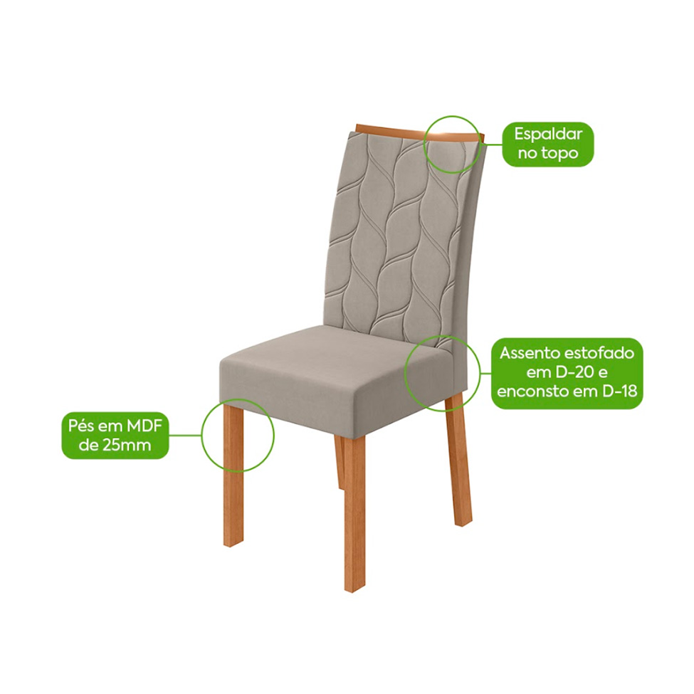 Conjunto com 6 Cadeiras Rayla Veludo Capuccino e Amêndoa