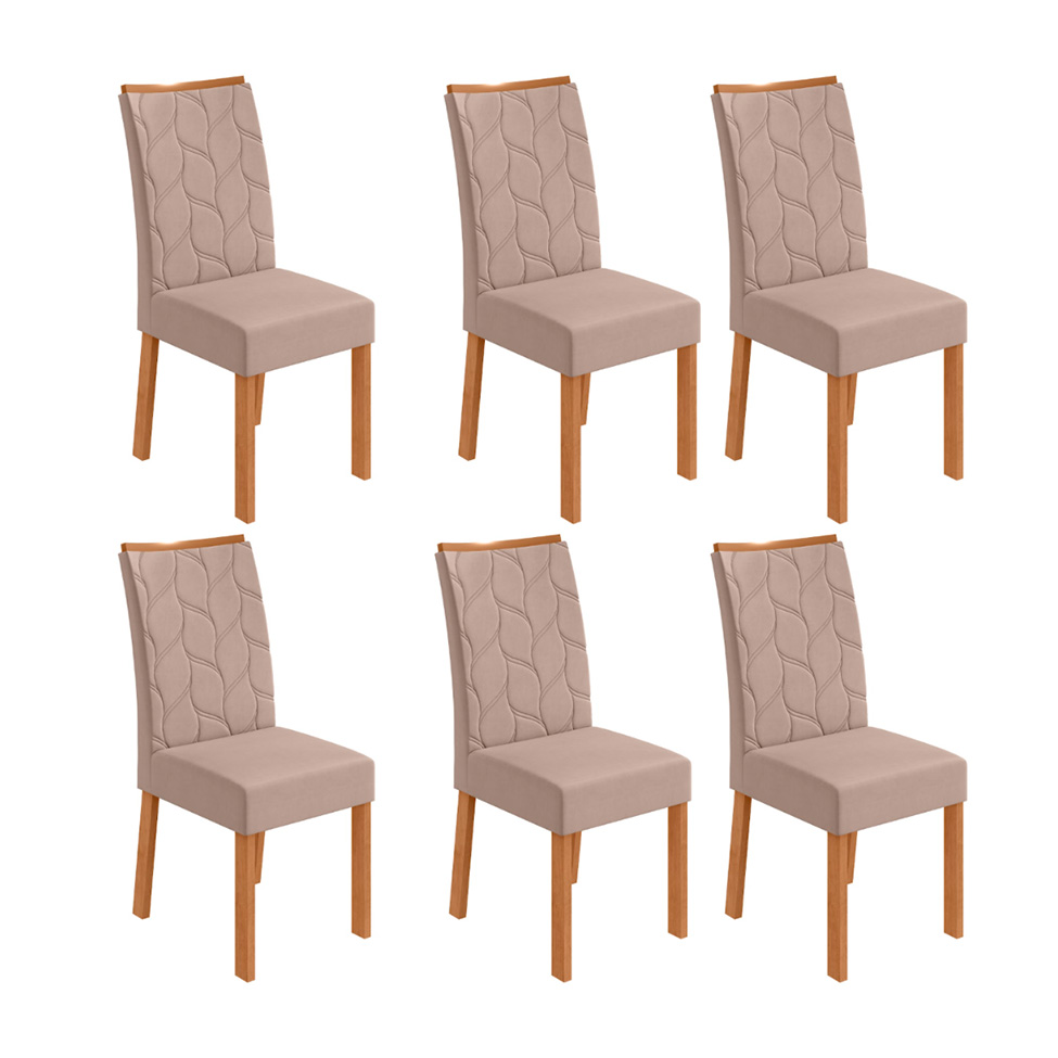 Conjunto com 6 Cadeiras Rayla Veludo Creme e Amêndoa