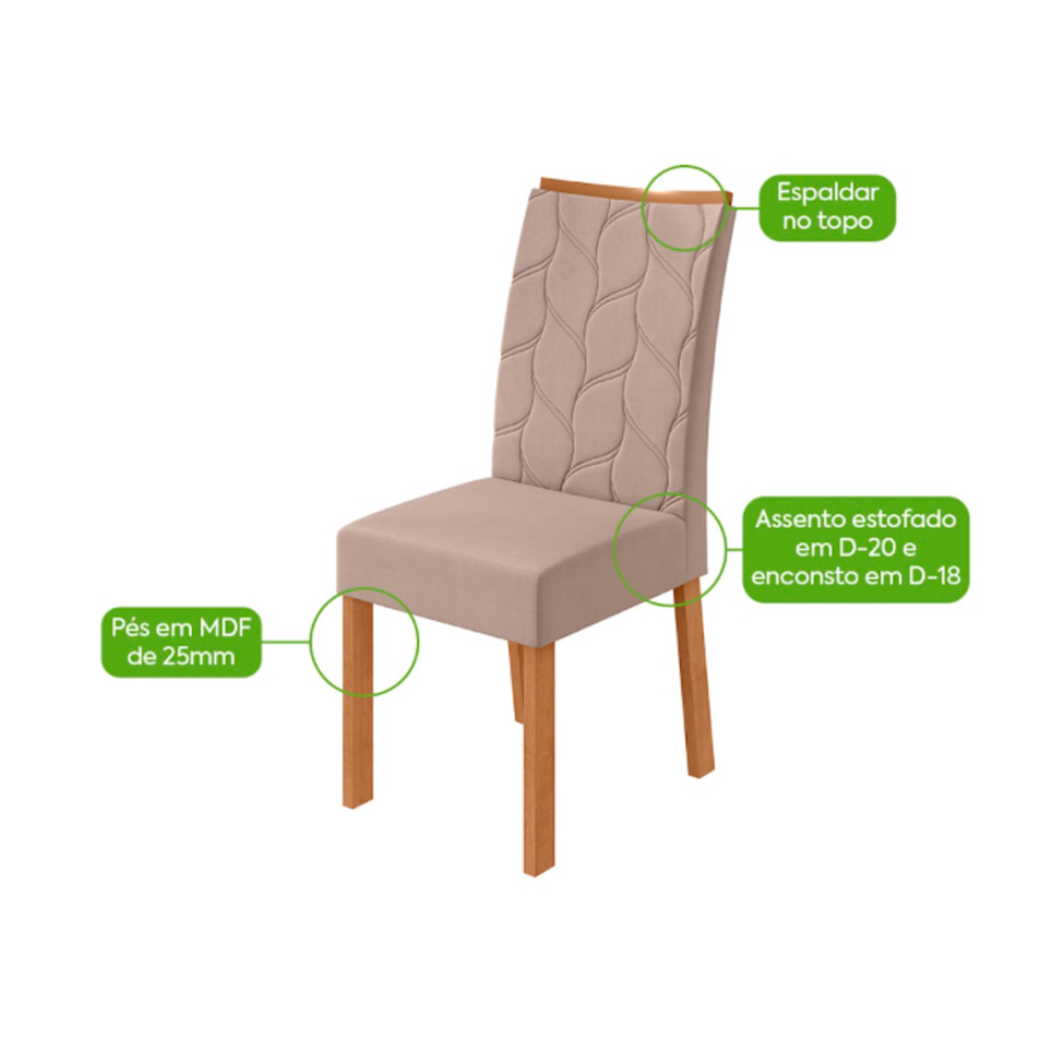 Conjunto com 6 Cadeiras Rayla Veludo Creme e Amêndoa