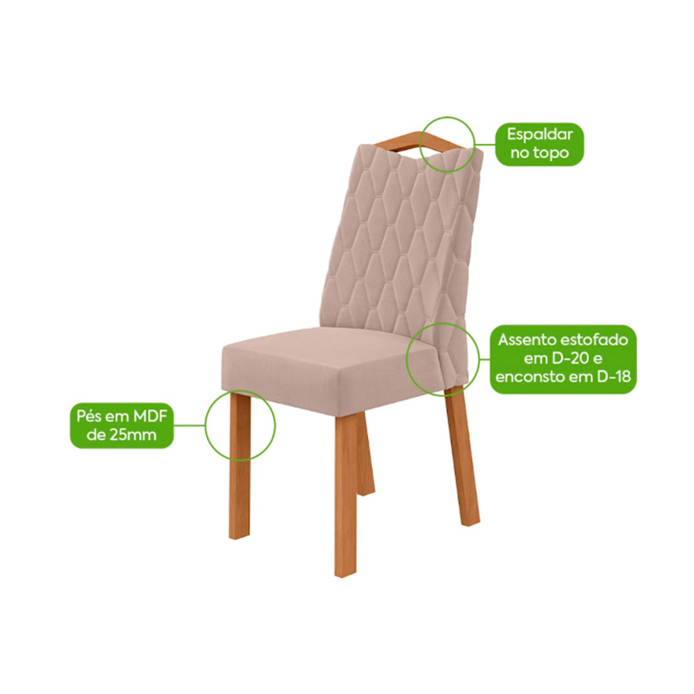 Conjunto com 6 Cadeiras Vênus Veludo Creme e Amêndoa