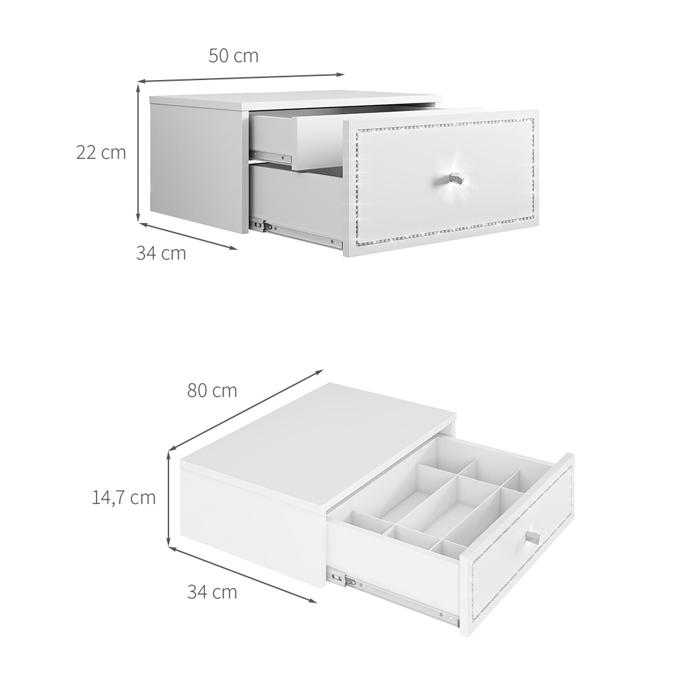 Conjunto com Mesa de Cabeceira e Penteadeira Suspensas Strass 3 Gavetas Branco