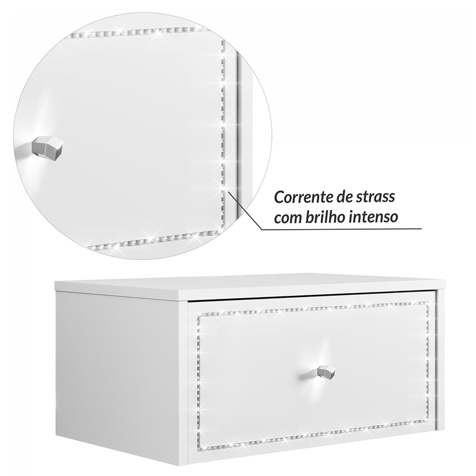 Conjunto com Mesa de Cabeceira e Penteadeira Suspensas Strass 3 Gavetas Branco
