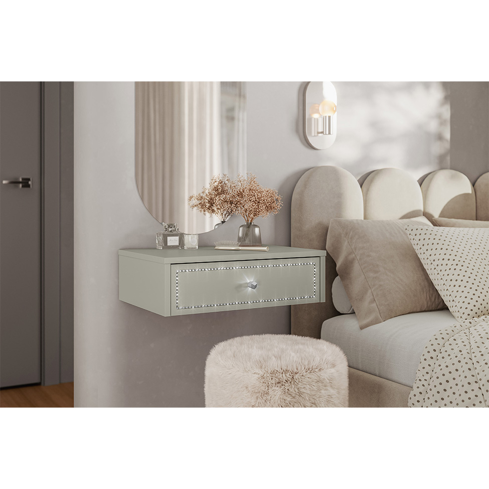Conjunto com Mesa de Cabeceira e Penteadeira Suspensas Strass 3 Gavetas Off White