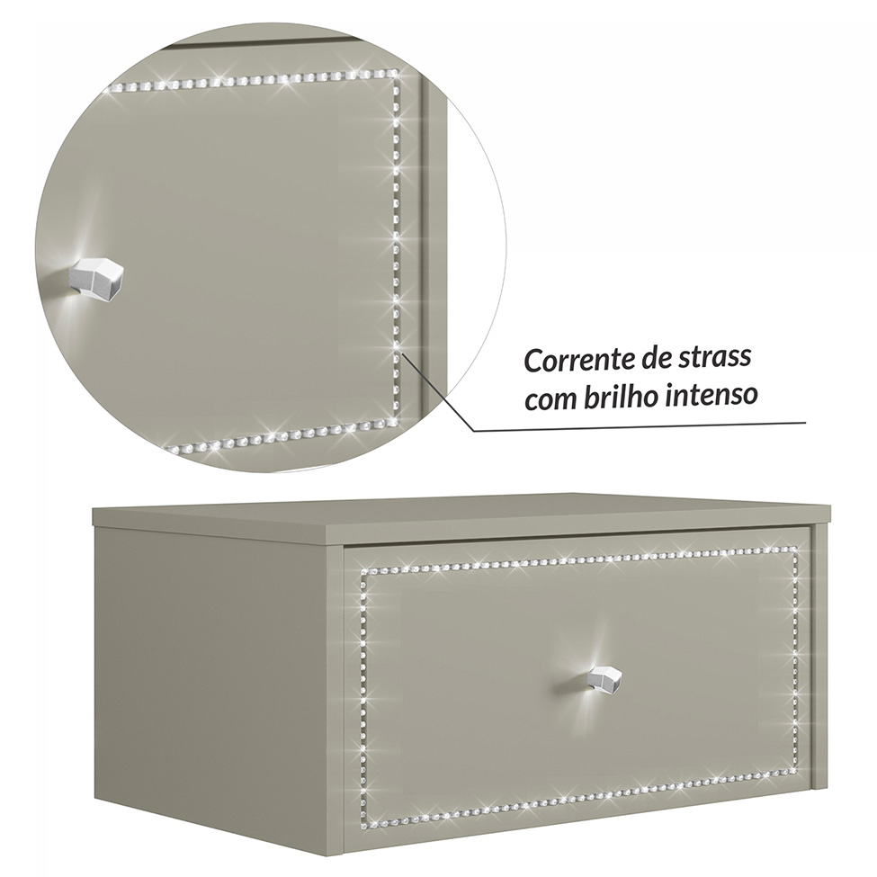 Conjunto com Mesa de Cabeceira e Penteadeira Suspensas Strass 3 Gavetas Off White