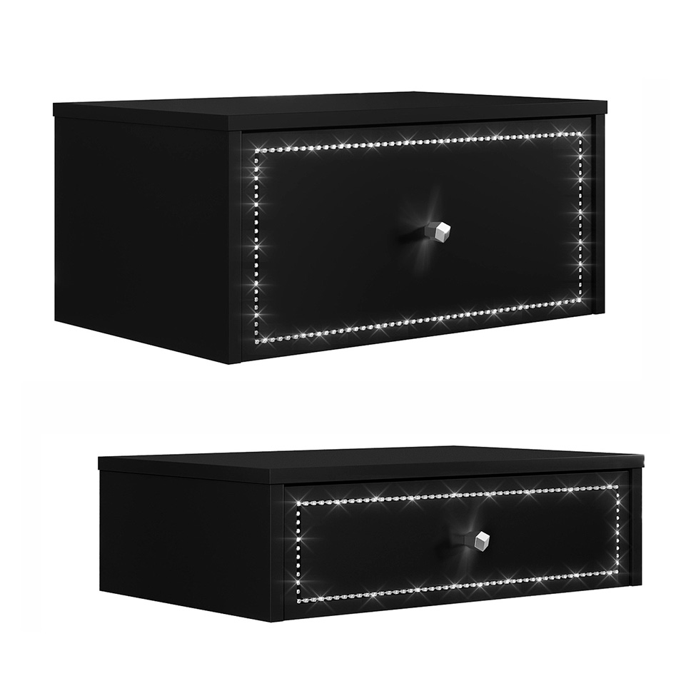 Conjunto com Mesa de Cabeceira e Penteadeira Suspensas Strass 3 Gavetas Preto