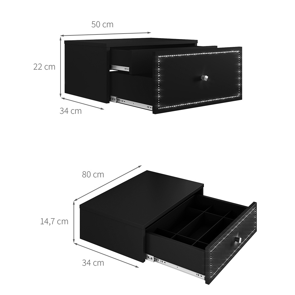 Conjunto com Mesa de Cabeceira e Penteadeira Suspensas Strass 3 Gavetas Preto