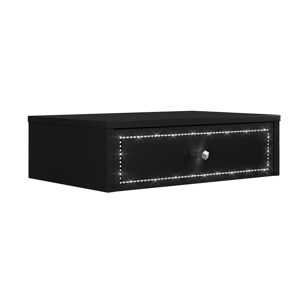 Conjunto com Mesa de Cabeceira e Penteadeira Suspensas Strass 3 Gavetas Preto
