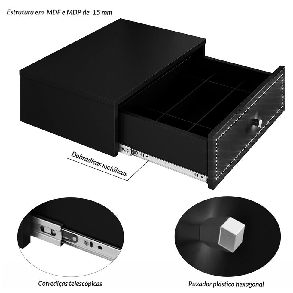 Conjunto com Mesa de Cabeceira e Penteadeira Suspensas Strass 3 Gavetas Preto
