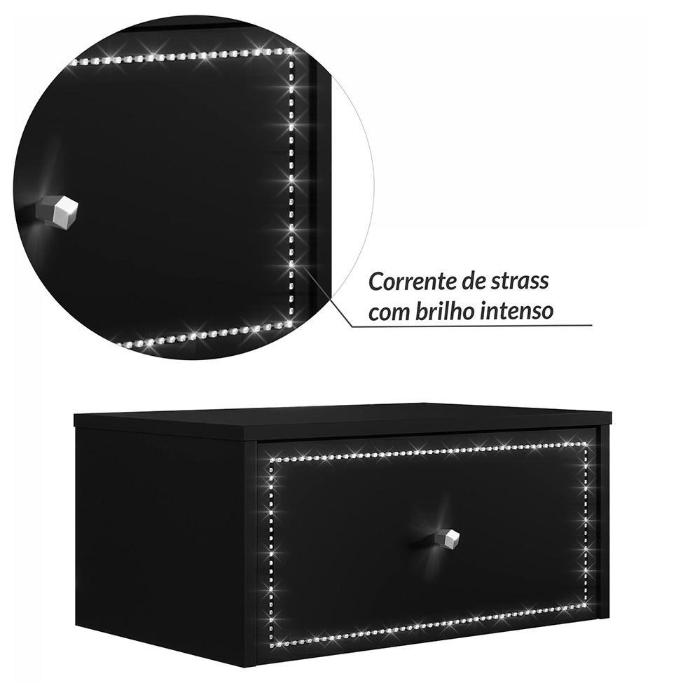 Conjunto com Mesa de Cabeceira e Penteadeira Suspensas Strass 3 Gavetas Preto