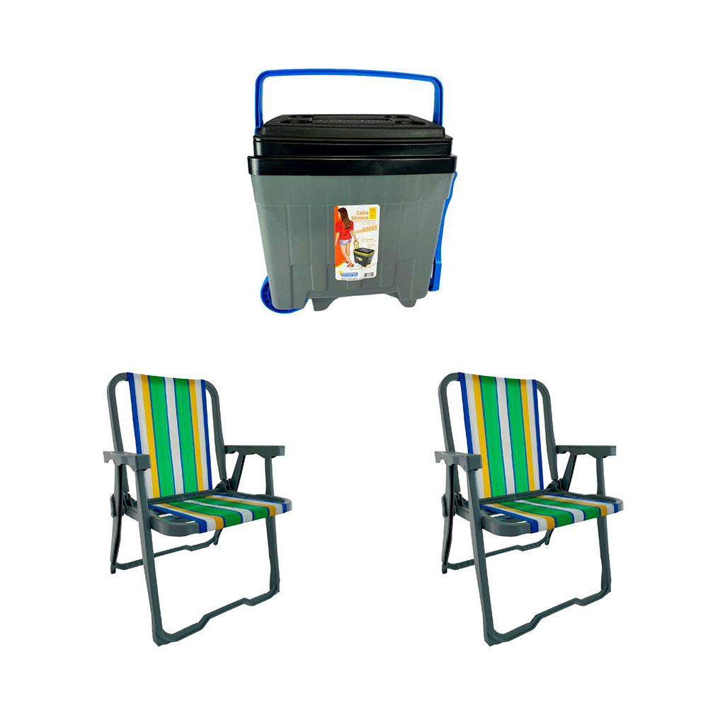 Conjunto de 2 Cadeiras de Praia Perúibe Cinza com Caixa Térmica 34 L
