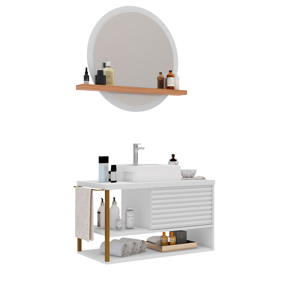 Conjunto de Armário de Banheiro com Espelho e Gabinete 1 PT Urban Branco e Dourado