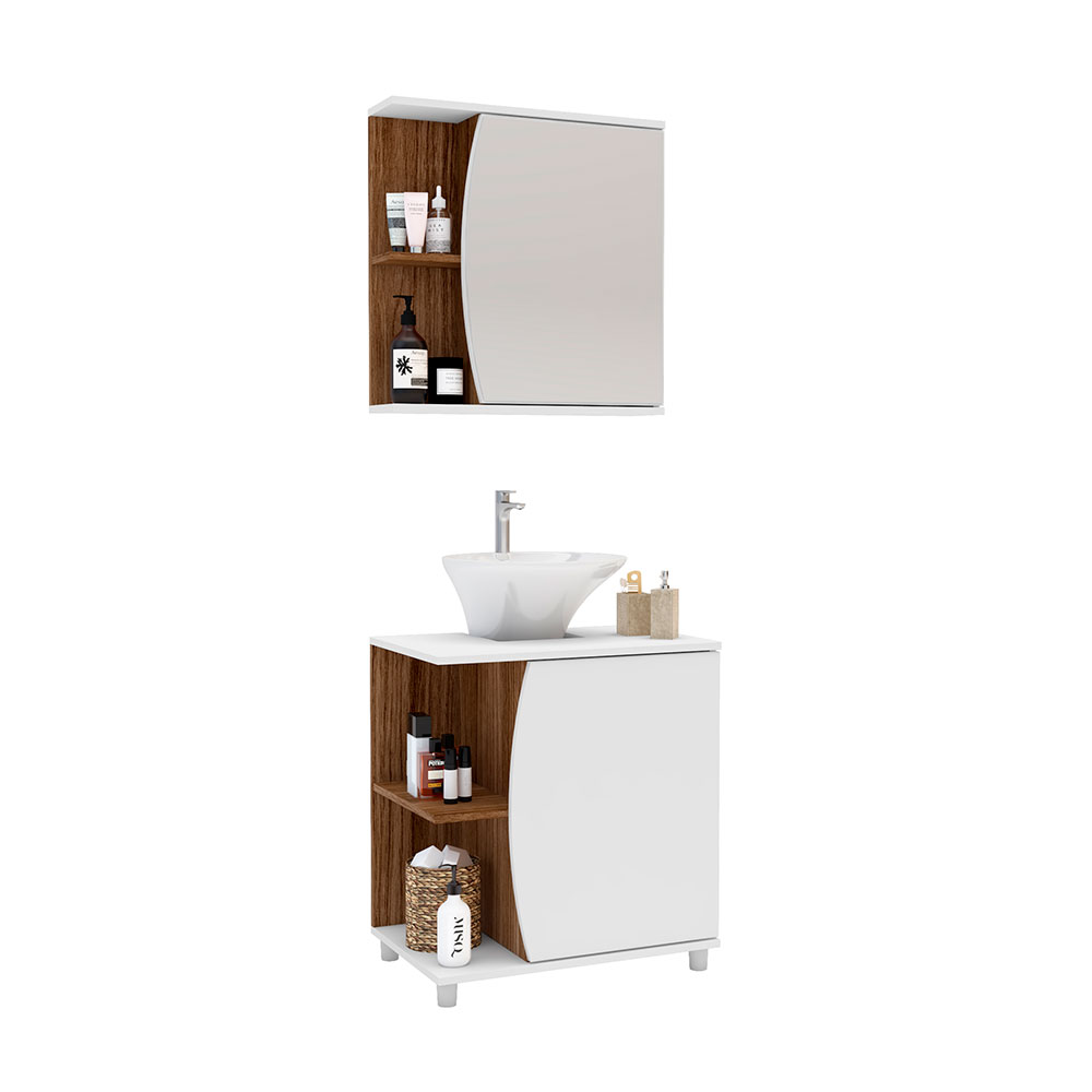 Conjunto de Armário de Banheiro com Espelho e Gabinete 2 PT Moab Branco e Tannat