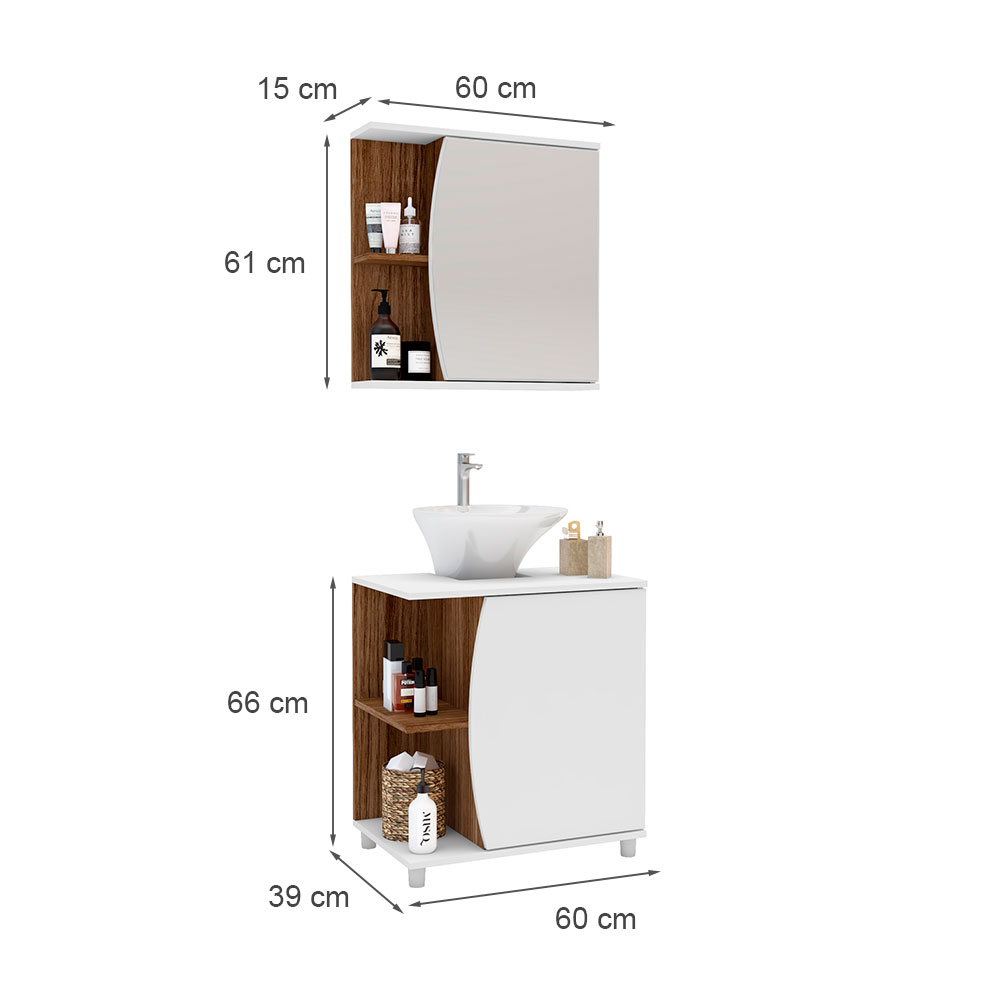 Conjunto de Armário de Banheiro com Espelho e Gabinete 2 PT Moab Branco e Tannat