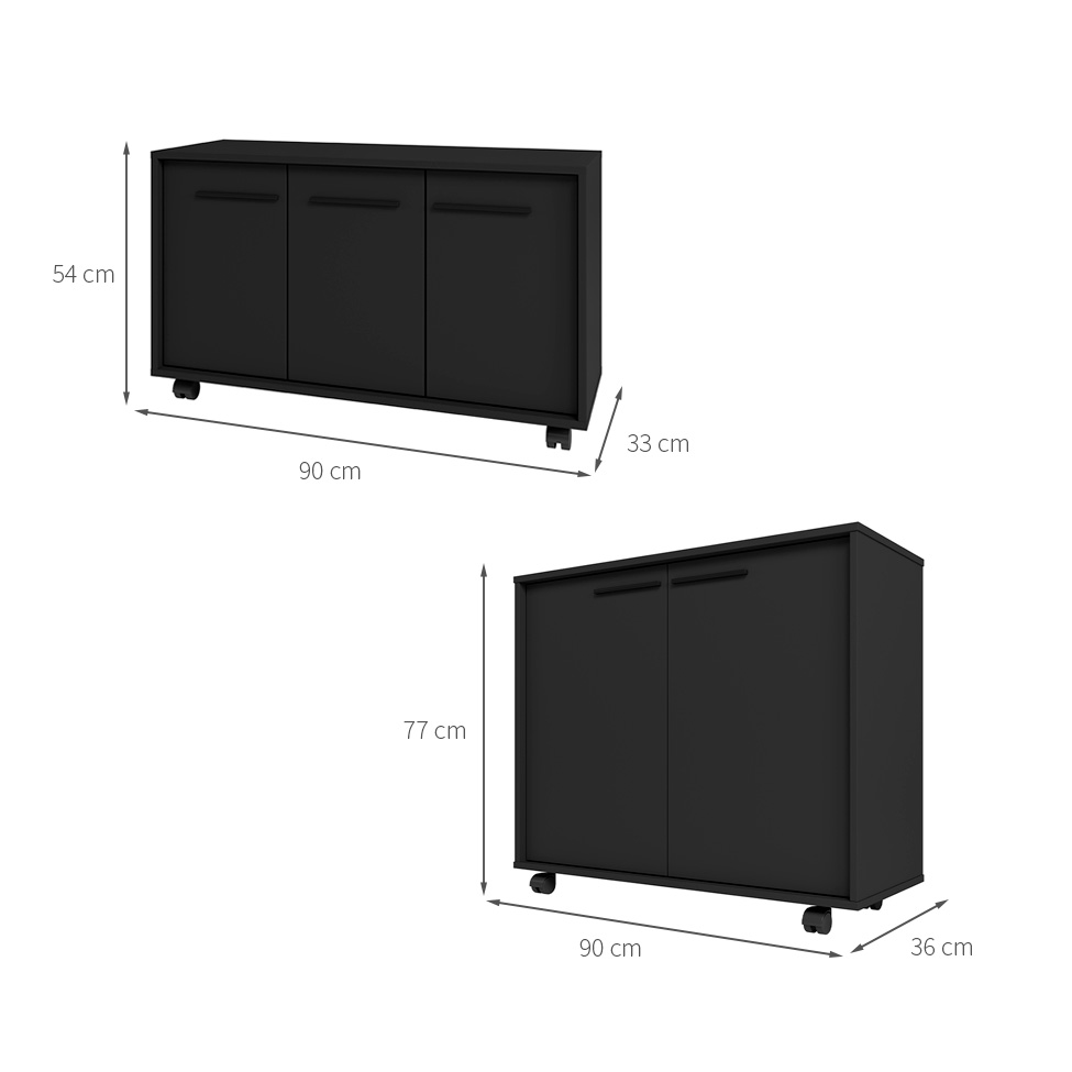 Conjunto de Armário de Escritório Tessa 3 PT com Buffet Line 2 PT Preto