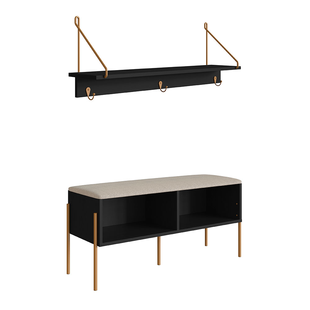 Conjunto de Banco Sapateira com Prateleira Oslo  Nero e Dourado