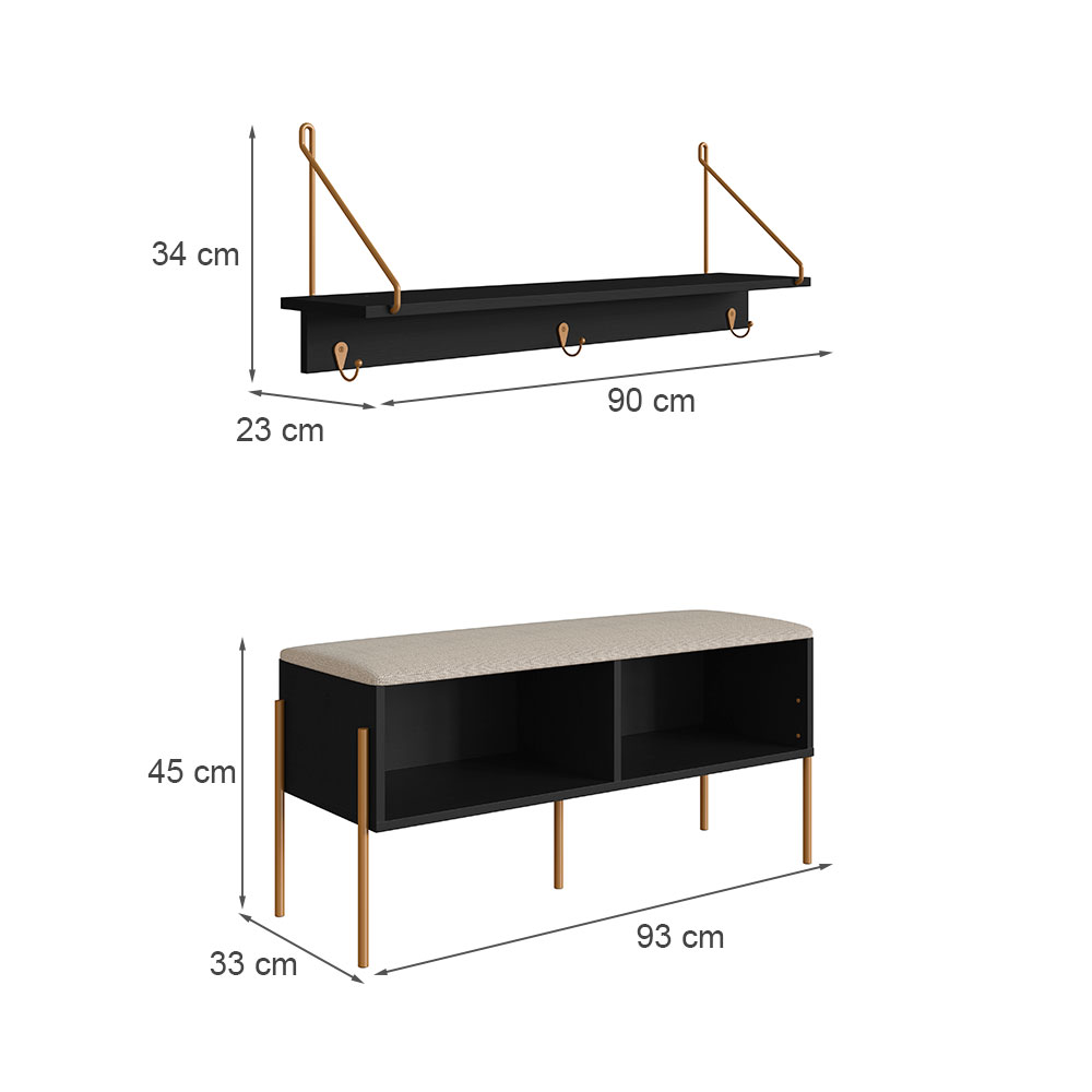 Conjunto de Banco Sapateira com Prateleira Oslo  Nero e Dourado
