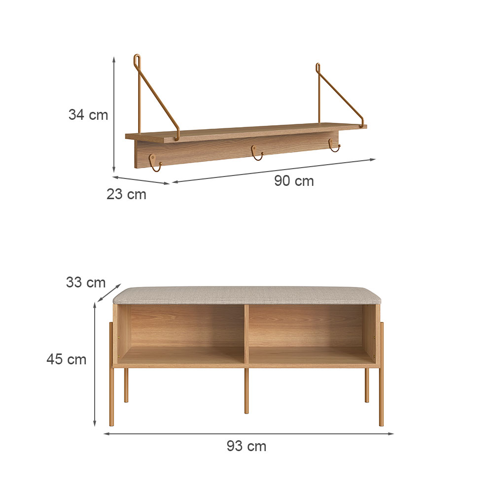 Conjunto de Banco Sapateira com Prateleira Oslo Hanover e Dourado
