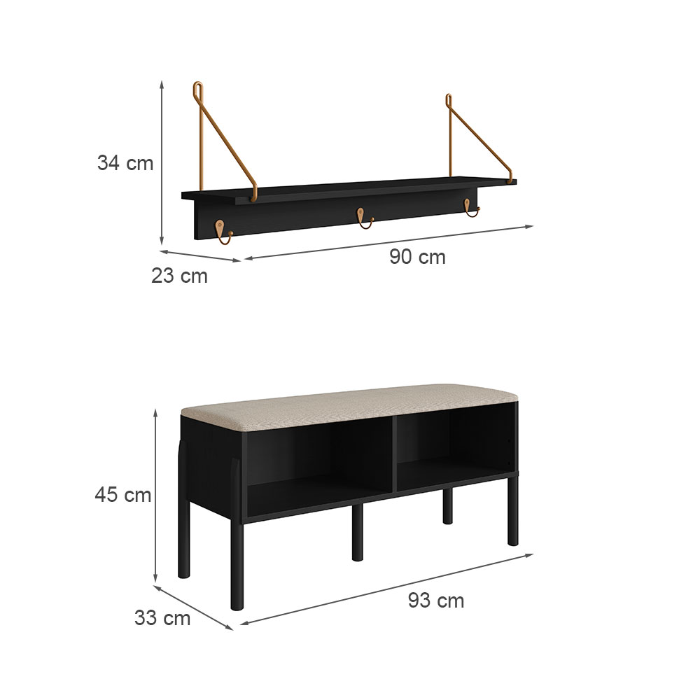 Conjunto de Banco Sapateira com Prateleira Oslo Nero e Preto