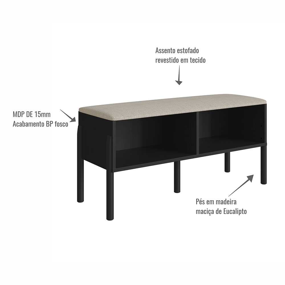 Conjunto de Banco Sapateira com Prateleira Oslo Nero e Preto