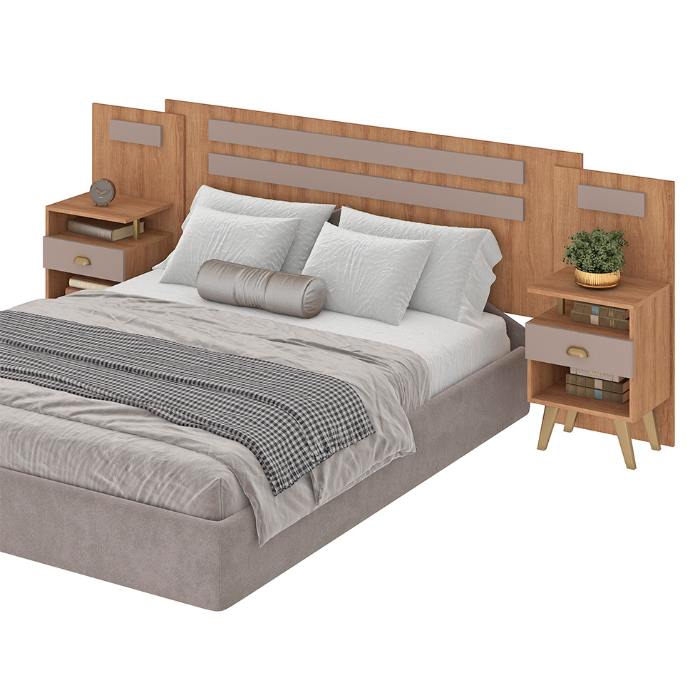 Conjunto de Cabeceira Casal com 2 Mesas de Apoio Duna 2 GV Mel e Fendi