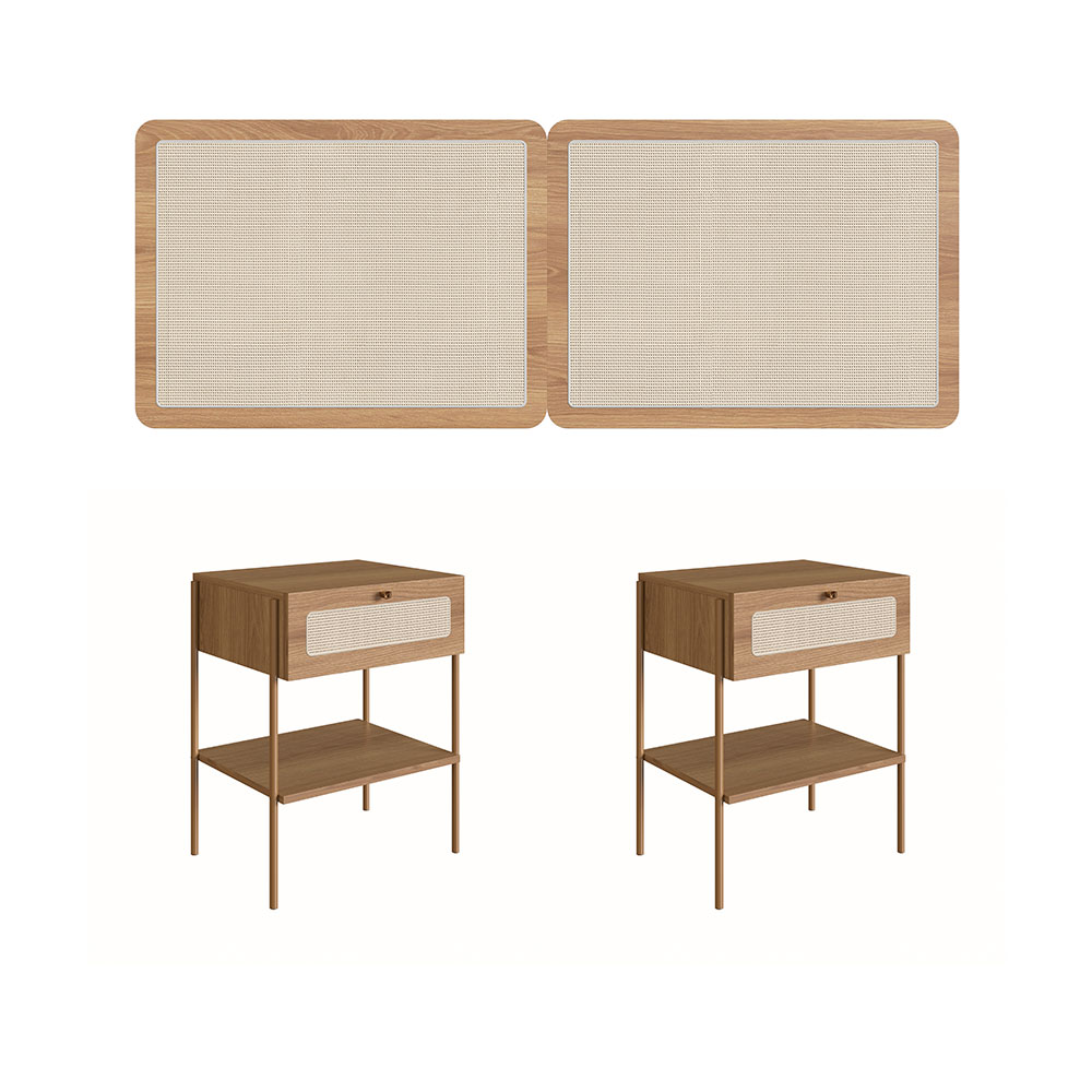 Conjunto de Cabeceira Casal com 2 Mesas de Apoio Oslo 1 GV Hanover e Dourado