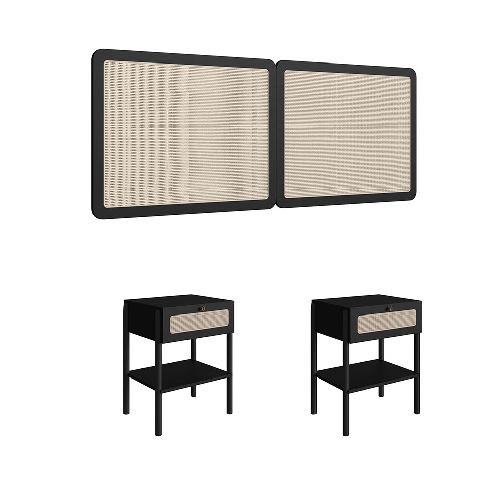 Conjunto de Cabeceira Casal com 2 Mesas de Apoio Oslo 1 GV Nero e Preta